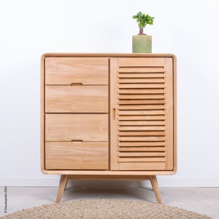 Commode style scandinave 1 porte, 4 tiroirs en teck massif Ilva.