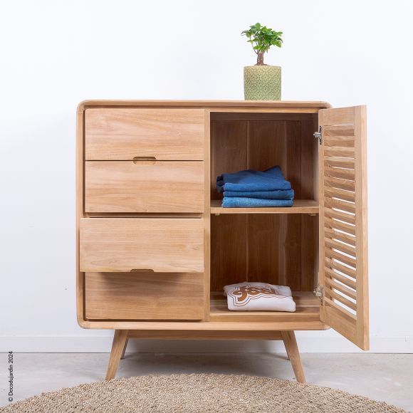 Commode style scandinave 1 porte, 4 tiroirs en teck massif Ilva.