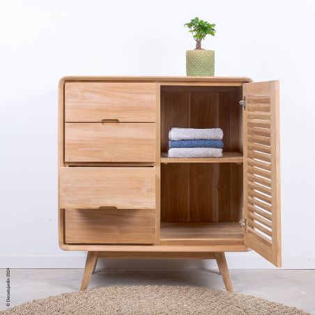 Commode style scandinave 1 porte, 4 tiroirs en teck massif Ilva.