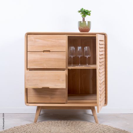 Commode style scandinave 1 porte, 4 tiroirs en teck massif Ilva.