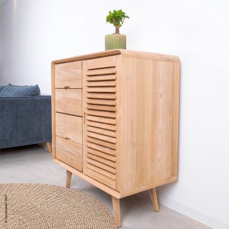 Commode style scandinave 1 porte, 4 tiroirs en teck massif Ilva.