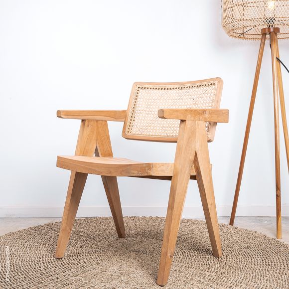 Fauteuil Compas Teck brut et Rotin naturel, mobilier design.