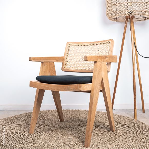 Fauteuil Compas Teck brut et Rotin naturel, mobilier design.